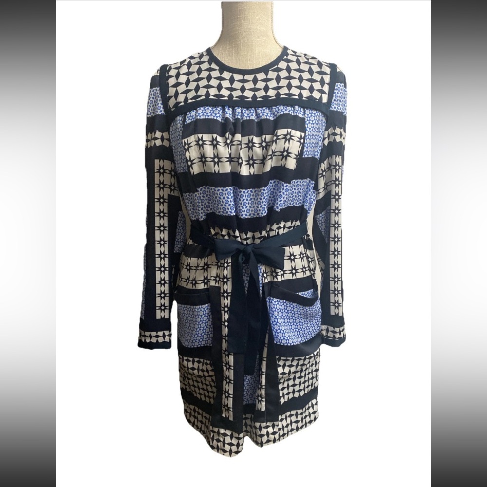 NEW! Armani Exchange Dress Size 4 Blue Sheath Mix Print Belted Long Sleeves